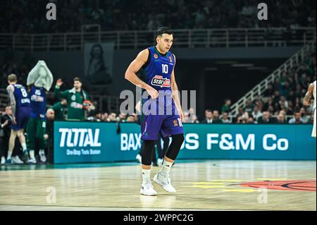 Athènes, Grèce. 08 mars 2024. 10 Kostas Sloukas du Panathinaikos Athènes joue lors de l'Euroleague, Round 28, match entre le Panathinaikos Athènes et le LDLC ASVEL Villeurbanne à l'Oaka Altion Arena le 8 mars 2024, à Athènes, en Grèce. Crédit : Agence photo indépendante/Alamy Live News Banque D'Images