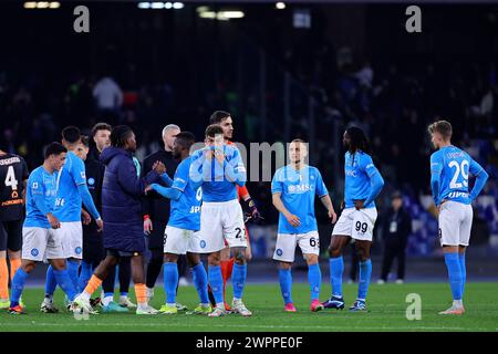 Naples, Italie. 08 mars 2024. Les joueurs de Napoli semblent déçus à la fin du match de Serie A entre la SSC Napoli et le Torino FC au stade Diego Armando Maradona à Naples (Italie), le 8 mars 2024. Crédit : Insidefoto di andrea staccioli/Alamy Live News Banque D'Images