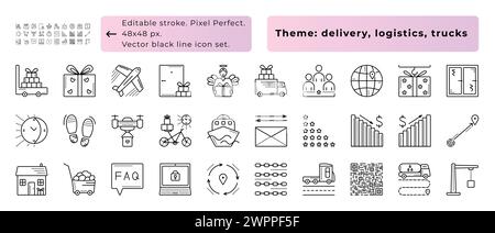 Logistique et cargaison, livraison et camions. Ensemble d'icônes de ligne noire vectorielle, 30 signes - 48x48 px (trait modifiable, pixel parfait) et icônes 300 x 300 px Illustration de Vecteur