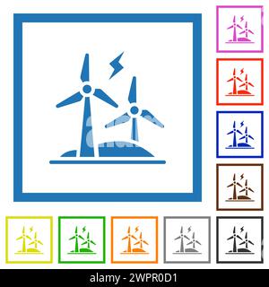 Icônes de couleur plate énergie éolienne dans des cadres carrés sur fond blanc Illustration de Vecteur