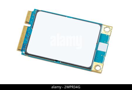 Gros plan d'un simple disque SSD mSATA avec un autocollant blanc vide non marqué, isolé sur fond blanc, carte mémoire msata, comp générique Banque D'Images