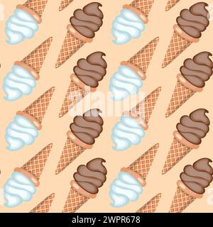 Crème glacée à la vanille et au chocolat en cornets gaufrés. Illustration vectorielle. Motif sans couture. Illustration de Vecteur