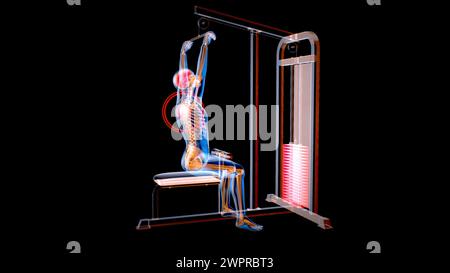 Homme utilisant la machine de traction lat, illustration Banque D'Images