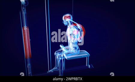 Homme utilisant la machine de traction lat, illustration Banque D'Images