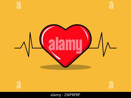 Illustration vectorielle de dessin animé d'un cœur rouge avec un graphique de fréquence cardiaque en arrière-plan. combine le symbole de l'amour avec le concept de rythme cardiaque, cr Illustration de Vecteur