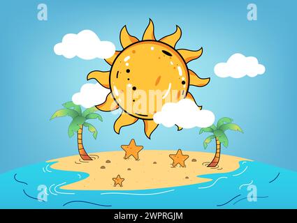 Illustration vectorielle de dessin animé du soleil dans le ciel, avec des nuages projetant des rayons sur une plage parsemée d'étoiles de mer et de vagues s'écrasant contre le rivage. ar Illustration de Vecteur
