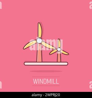 Icône de centrale éolienne dans un style comique. Illustration vectorielle de dessin animé de turbine sur fond isolé. Concept commercial de signe d'effet d'éclaboussure d'énergie de l'air. Illustration de Vecteur