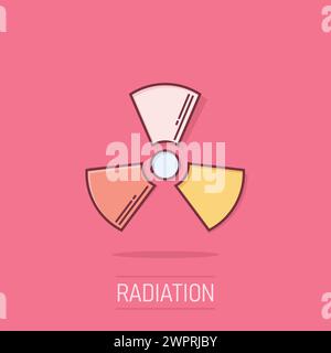 Icône de rayonnement nucléaire dans le style comique. Illustration vectorielle de dessin animé de radioactivité sur fond isolé. Concept commercial de signe d'effet d'éclaboussure toxique. Illustration de Vecteur