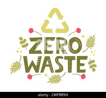 Lettrage manuel zéro déchet. Concept d'écologie, recycler, réutiliser, réduire le mode de vie végétalien. Conception à imprimer sur le sac. Logo zéro déchet. Illustration vectorielle Illustration de Vecteur