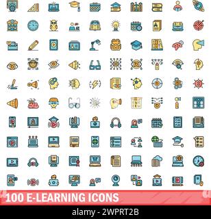 jeu de 100 icônes d'apprentissage en ligne. Ensemble de lignes de couleur des icônes vectorielles d'e-learning couleur de ligne mince plat sur blanc Illustration de Vecteur
