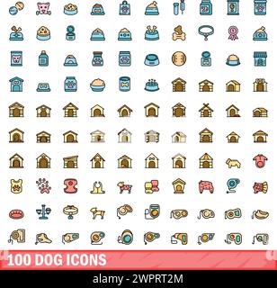 ensemble de 100 icônes de chien. Ensemble de ligne de couleur d'icônes vectorielles de chien couleur de ligne mince plat sur blanc Illustration de Vecteur