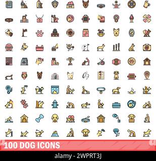 ensemble de 100 icônes de chien. Ensemble de ligne de couleur d'icônes vectorielles de chien couleur de ligne mince plat sur blanc Illustration de Vecteur