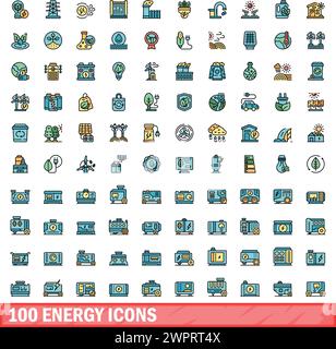 100 icônes d'énergie définies. Ensemble de lignes de couleur d'icônes de vecteur d'énergie couleur de ligne mince plat sur blanc Illustration de Vecteur