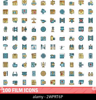 jeu de 100 icônes de film. Ensemble de lignes de couleur d'icônes de vecteur de film couleur de ligne mince plat sur blanc Illustration de Vecteur