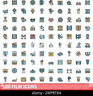 jeu de 100 icônes de film. Ensemble de lignes de couleur d'icônes de vecteur de film couleur de ligne mince plat sur blanc Illustration de Vecteur