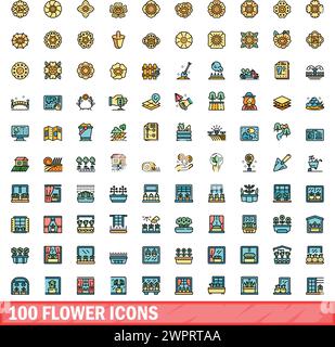 ensemble de 100 icônes de fleurs. Ensemble de ligne de couleur d'icônes de vecteur de fleur mince couleur de ligne plate sur blanc Illustration de Vecteur