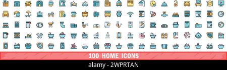 100 icônes d'accueil définies. Ensemble de ligne de couleur des icônes de vecteur d'accueil couleur de ligne mince plat sur blanc Illustration de Vecteur
