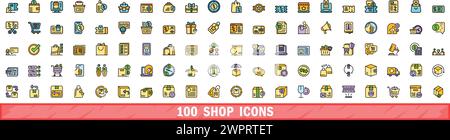 jeu d'icônes de magasin 100. Ensemble de ligne de couleur d'icônes de vecteur de magasin couleur de ligne mince plat sur blanc Illustration de Vecteur
