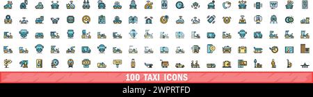 100 icônes de taxi définies. Ensemble de ligne de couleur d'icônes vectorielles de taxi couleur de ligne mince plat sur blanc Illustration de Vecteur