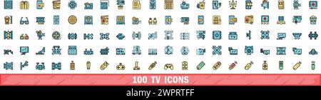 100 icônes tv définies. Ensemble de lignes de couleur des icônes de vecteur tv couleur de ligne mince plat sur blanc Illustration de Vecteur