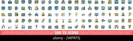 100 icônes tv définies. Ensemble de lignes de couleur des icônes de vecteur tv couleur de ligne mince plat sur blanc Illustration de Vecteur