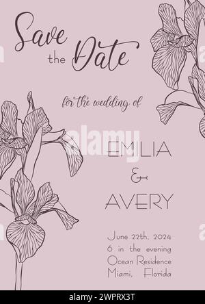 Invitation de mariage en rose clair avec iris en lineart Illustration de Vecteur