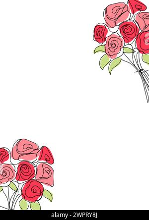 Cadre de carte postale, avec copyspace, avec tulipes de fleurs linart, pivoines, roses. Illustration vectorielle sur fond blanc monoline Illustration de Vecteur