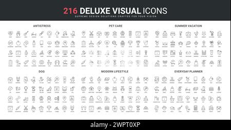Planificateur de mode de vie sain, horaire de travail et de loisirs, santé mentale, ensemble d'icônes de ligne de soins pour animaux de compagnie. Planification de vacances et de voyage, shopping et toilettage pour l'illustration vectorielle de symboles de contour noir mince de chien Illustration de Vecteur
