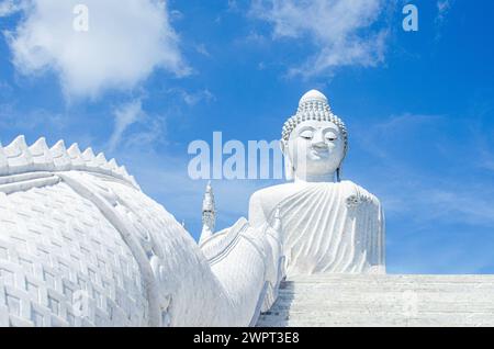 Naga s'élève jusqu'à un Grand Bouddha au sommet des collines Nakkerd à Phuket, en Thaïlande. Banque D'Images