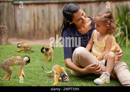 Les gens, l'enfant et le singe dans la nature en plein air au sanctuaire ou la réhabilitation au zoo ou l'interaction avec les animaux, l'environnement ou la faune. Mère, fille et Banque D'Images