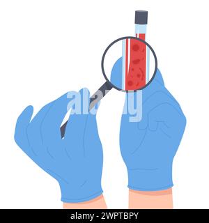 Test sanguin de laboratoire pour l'infection. Les mains des médecins tiennent une loupe et un tube à essai avec un échantillon de sang pour rechercher et trouver des virus et des bactéries dans l'illustration vectorielle de dessin animé d'analyse hématologique Illustration de Vecteur