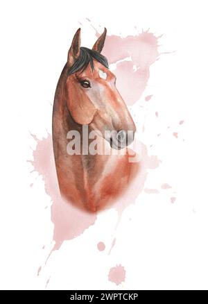 Aquarelle illustration délicate d'un cheval de baie avec des éclaboussures rose aquarelle et des pythons sur le fond. Carte à la main, affiche, impression, autocollant Banque D'Images