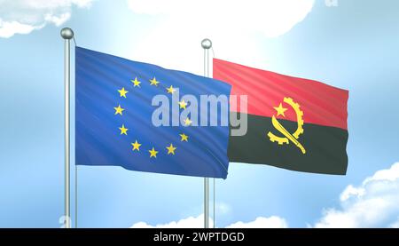 Drapeau 3D de l'Union européenne et de l'Angola sur Blue Sky avec Sun Shine Banque D'Images