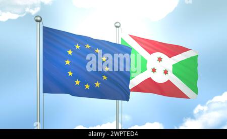 Drapeau 3D de l'Union européenne et du Burundi sur Blue Sky avec Sun Shine Banque D'Images