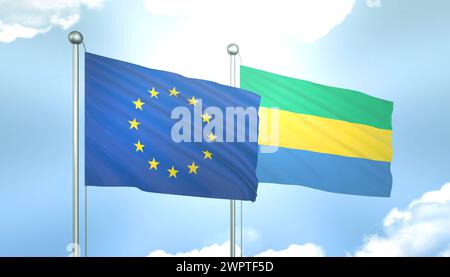 Drapeau 3D de l'Union européenne et du Gabon sur Blue Sky avec Sun Shine Banque D'Images