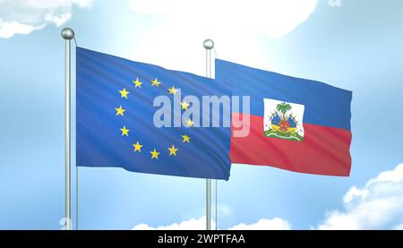 Drapeau 3D de l'Union européenne et Haïti sur Blue Sky avec Sun Shine Banque D'Images