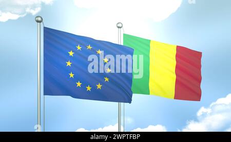 Drapeau 3D de l'Union européenne et du Mali sur Blue Sky avec Sun Shine Banque D'Images