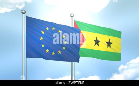 Drapeau 3D de l'Union européenne et Sao Tomé sur ciel bleu avec soleil brillant Banque D'Images