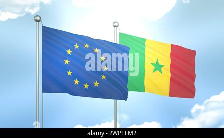 Drapeau 3D de l'Union européenne et du Sénégal sur ciel bleu avec soleil brillant Banque D'Images