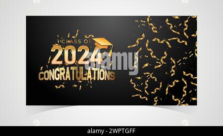 Promotion de 2024 Félicitations diplômés. Casquette académique et cérémonie de remise des diplômes. Modèle vectoriel pour la classe senior de l'année universitaire 2024 bannière Illustration de Vecteur