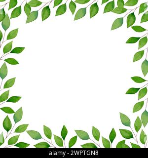Aquarelle cadre peint à la main avec des feuilles vertes. Banque D'Images