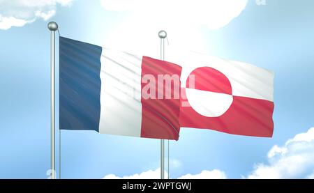 Drapeau 3D de la France et du Groenland sur Blue Sky avec Sun Shine Banque D'Images