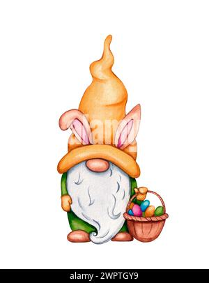 Petit gnome de Pâques mignon avec panier d'œufs coloré. Aquarelle Happy Pâques illustration de vacances. Banque D'Images