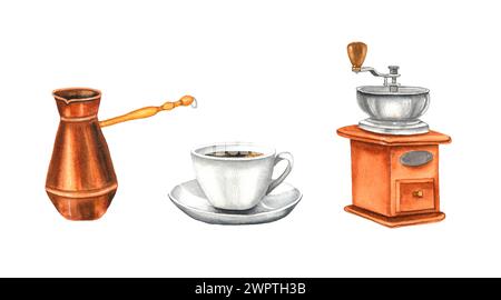 Ensemble de moulin à café, turk et tasse avec boisson. Aquarelle illustration dessinée à la main, isolé sur fond blanc. Banque D'Images