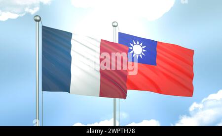 Drapeau 3D de la France et Taiwan sur ciel bleu avec soleil brillant Banque D'Images