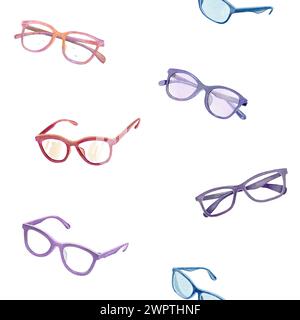 Modèle sans couture de six paires d'aquarelle dessinées à la main rose, violet, lunettes bleues Banque D'Images