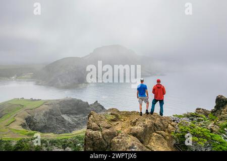 Vue aérienne, photo drone : deux hommes debout dans le brouillard sur une falaise au-dessus de Bottle Cove, Parc provincial Bottle Cove, Baie des Îles, Terre-Neuve, Canada Banque D'Images