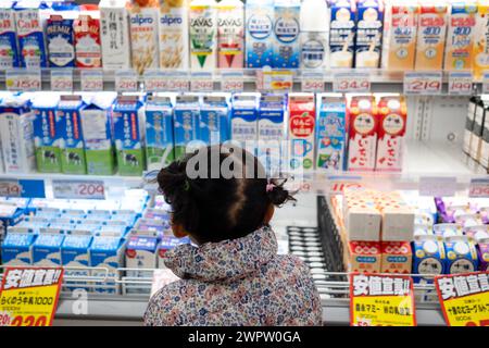 Divers produits laitiers dans un supermarché japonais. Banque D'Images