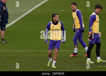 Madrid, Espagne. 09 mars 2024. Lucas Vazquez du Real Madrid CF sourit lors de la séance d'entraînement en prévision du match de football de la semaine de la Liga 28 entre le Real Madrid CF et le RC Celta à Ciudad Real Madrid. Crédit : SOPA images Limited/Alamy Live News Banque D'Images