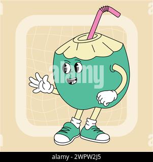Vintage groovy caractère vert noix de coco. Illustration de Vecteur